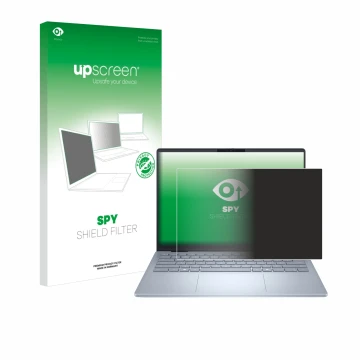 Vorderseite einer Produktverpackung mit dem Markenlogo upscreen. Daneben ist das Gerät Dell 14 Plus Laptop mit dem zugehörigen