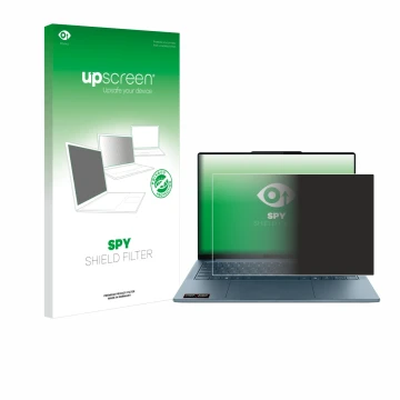 Vorderseite einer Produktverpackung mit dem Markenlogo upscreen. Daneben ist das Gerät Lenovo Yoga Slim 7 Gen 10 14