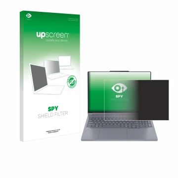 Vorderseite einer Produktverpackung mit dem Markenlogo upscreen. Daneben ist das Gerät Lenovo ThinkBook 16p Gen 6 mit dem zuge