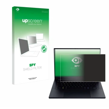 Vorderseite einer Produktverpackung mit dem Markenlogo upscreen. Daneben ist das Gerät Razer Blade 14 2025 mit dem zugehörigen