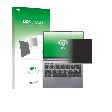 Vorderseite einer Produktverpackung mit dem Markenlogo upscreen. Daneben ist das Gerät Tuxedo InfinityBook Pro 14 Gen 10 mit d