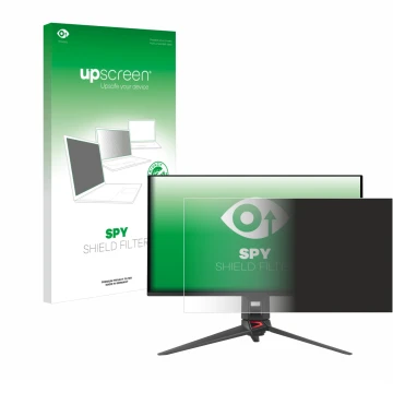 Vorderseite einer Produktverpackung mit dem Markenlogo upscreen. Daneben ist das Gerät ASUS ROG Swift PG27UCDM mit dem zugehör