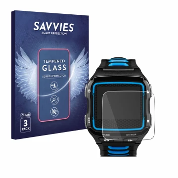Vorderseite einer Produktverpackung mit dem Markenlogo Savvies. Daneben ist das Gerät Garmin Forerunner 920XT mit dem zugehöri