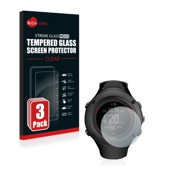 Vorderseite einer Produktverpackung mit dem Markenlogo Savvies. Daneben ist das Gerät Suunto Ambit3 Run Black mit dem zugehöri