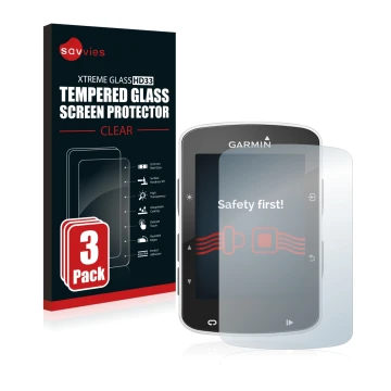 Vorderseite einer Produktverpackung mit dem Markenlogo Savvies. Daneben ist das Gerät Garmin Edge 520 mit dem zugehörigen Disp