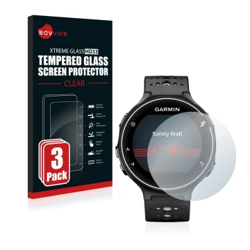 Vorderseite einer Produktverpackung mit dem Markenlogo Savvies. Daneben ist das Gerät Garmin Forerunner 230 mit dem zugehörige