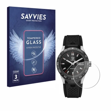 Vorderseite einer Produktverpackung mit dem Markenlogo Savvies. Daneben ist das Gerät TAG Heuer Connected 46 mit dem zugehörig