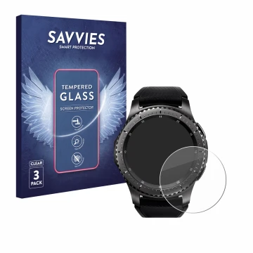 Vorderseite einer Produktverpackung mit dem Markenlogo Savvies. Daneben ist das Gerät Samsung Gear S3 Frontier mit dem zugehör