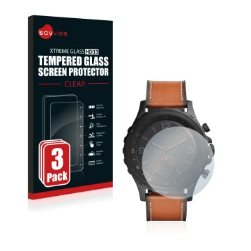 Vorderseite einer Produktverpackung mit dem Markenlogo Savvies. Daneben ist das Gerät Fossil Q Nate mit dem zugehörigen Displa