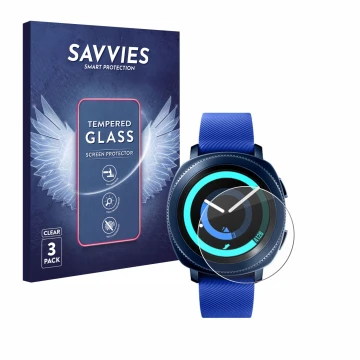 Vorderseite einer Produktverpackung mit dem Markenlogo Savvies. Daneben ist das Gerät Samsung Gear Sport mit dem zugehörigen D