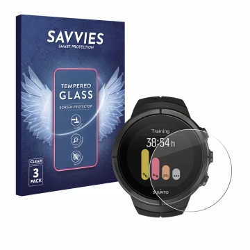 Vorderseite einer Produktverpackung mit dem Markenlogo Savvies. Daneben ist das Gerät Suunto Spartan Ultra mit dem zugehörigen