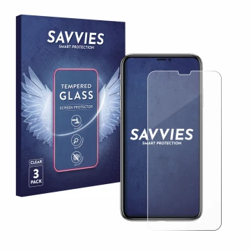 Vorderseite einer Produktverpackung mit dem Markenlogo Savvies. Daneben ist das Gerät Apple iPhone Xs Max mit dem zugehörigen 