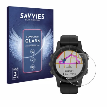 Vorderseite einer Produktverpackung mit dem Markenlogo Savvies. Daneben ist das Gerät Garmin Fenix 5S Plus (42 mm) mit dem zug