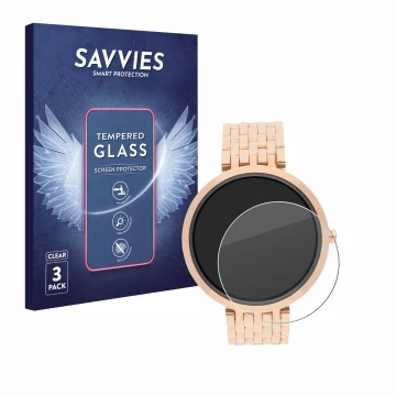 Vorderseite einer Produktverpackung mit dem Markenlogo Savvies. Daneben ist das Gerät Xlyne X-Watch Siona XW Fit mit dem zugeh