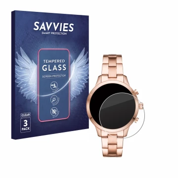 Vorderseite einer Produktverpackung mit dem Markenlogo Savvies. Daneben ist das Gerät Michael Kors Access Runway (41 mm) mit d