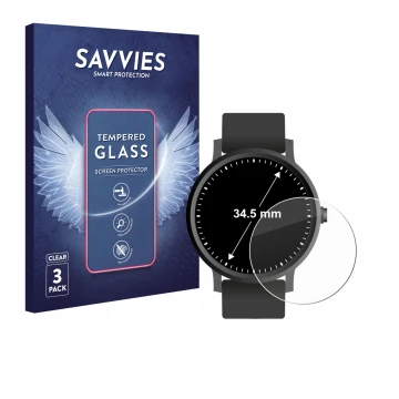 Vorderseite einer Produktverpackung mit dem Markenlogo Savvies. Daneben ist das Gerät Armbanduhren (Kreisrund, ø: 34.5 mm) mit