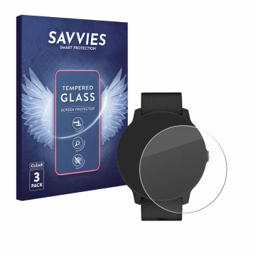 Vorderseite einer Produktverpackung mit dem Markenlogo Savvies. Daneben ist das Gerät Garmin vivoactive 3 Music mit dem zugehö