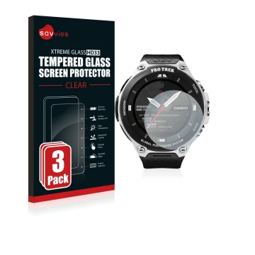 Vorderseite einer Produktverpackung mit dem Markenlogo Savvies. Daneben ist das Gerät Casio Pro Trek Smart WSD-F20 mit dem zug