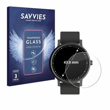 Vorderseite einer Produktverpackung mit dem Markenlogo Savvies. Daneben ist das Gerät Kreisrunde Displays (ø: 43 mm) mit dem z