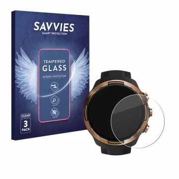 Vorderseite einer Produktverpackung mit dem Markenlogo Savvies. Daneben ist das Gerät Suunto 9 Baro mit dem zugehörigen Displa