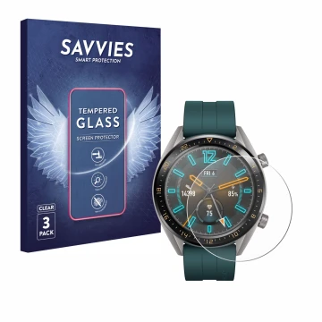 Vorderseite einer Produktverpackung mit dem Markenlogo Savvies. Daneben ist das Gerät Huawei Watch GT Active mit dem zugehörig