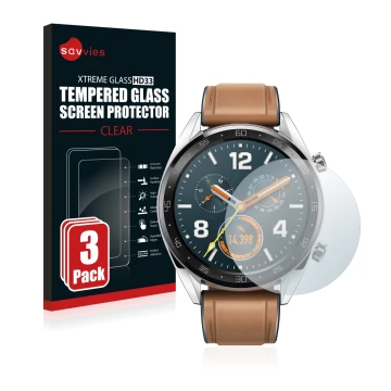 Vorderseite einer Produktverpackung mit dem Markenlogo Savvies. Daneben ist das Gerät Huawei Watch GT Classic mit dem zugehöri