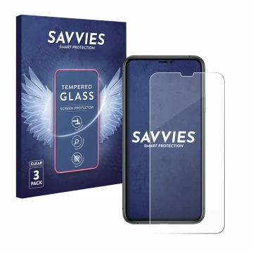 Vorderseite einer Produktverpackung mit dem Markenlogo Savvies. Daneben ist das Gerät Apple iPhone 11 Pro Max mit dem zugehöri