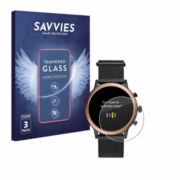 Vorderseite einer Produktverpackung mit dem Markenlogo Savvies. Daneben ist das Gerät Fossil Julianna HR (5.Gen) mit dem zugeh