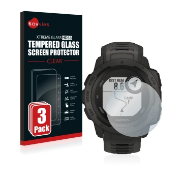 Vorderseite einer Produktverpackung mit dem Markenlogo Savvies. Daneben ist das Gerät Garmin Instinct Tactical Edition mit dem