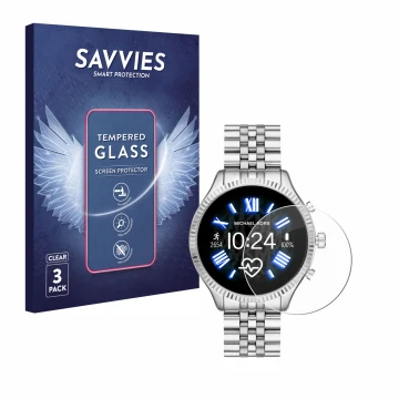 Vorderseite einer Produktverpackung mit dem Markenlogo Savvies. Daneben ist das Gerät Michael Kors Access Lexington 2 mit dem 