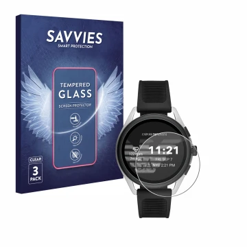 Vorderseite einer Produktverpackung mit dem Markenlogo Savvies. Daneben ist das Gerät Emporio Armani Connected Smartwatch 3 mi