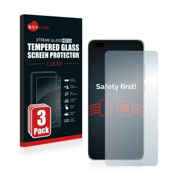 Vorderseite einer Produktverpackung mit dem Markenlogo Savvies. Daneben ist das Gerät Huawei P40 mit dem zugehörigen Displaysc