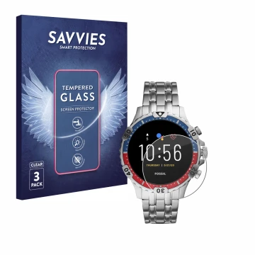 Vorderseite einer Produktverpackung mit dem Markenlogo Savvies. Daneben ist das Gerät Fossil Garrett HR (5. Gen) mit dem zugeh