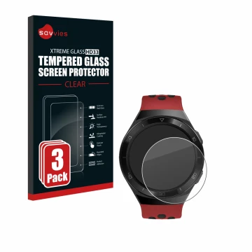 Vorderseite einer Produktverpackung mit dem Markenlogo Savvies. Daneben ist das Gerät Huawei Watch GT 2e mit dem zugehörigen D