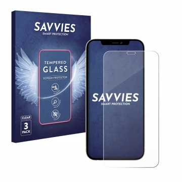 Vorderseite einer Produktverpackung mit dem Markenlogo Savvies. Daneben ist das Gerät Apple iPhone 12 Pro mit dem zugehörigen 