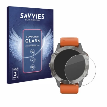 Vorderseite einer Produktverpackung mit dem Markenlogo Savvies. Daneben ist das Gerät Garmin Fenix 6 Pro Solar mit dem zugehör