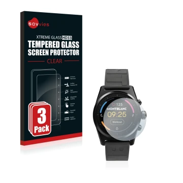 Vorderseite einer Produktverpackung mit dem Markenlogo Savvies. Daneben ist das Gerät Montblanc Summit Lite mit dem zugehörige