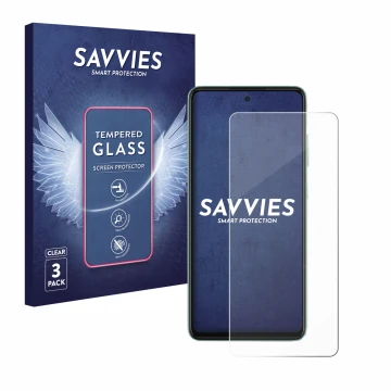 Vorderseite einer Produktverpackung mit dem Markenlogo Savvies. Daneben ist das Gerät Samsung Galaxy A52 mit dem zugehörigen D