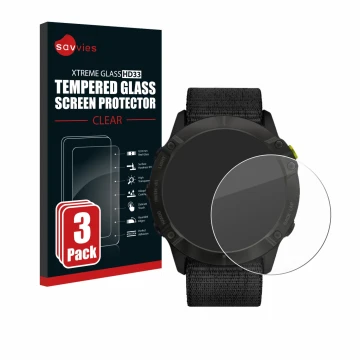 Vorderseite einer Produktverpackung mit dem Markenlogo Savvies. Daneben ist das Gerät Garmin Enduro mit dem zugehörigen Displa