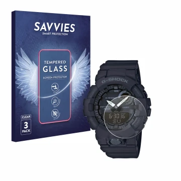 Vorderseite einer Produktverpackung mit dem Markenlogo Savvies. Daneben ist das Gerät Casio G-Shock GBA800 mit dem zugehörigen