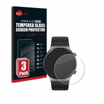 Vorderseite einer Produktverpackung mit dem Markenlogo Savvies. Daneben ist das Gerät Huawei Watch GT 2 Pro ECG mit dem zugehö
