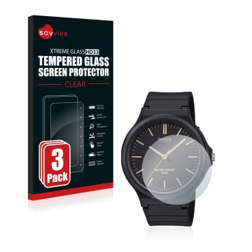 Vorderseite einer Produktverpackung mit dem Markenlogo Savvies. Daneben ist das Gerät Casio Unisex MW-240 mit dem zugehörigen 