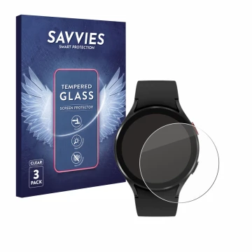 Vorderseite einer Produktverpackung mit dem Markenlogo Savvies. Daneben ist das Gerät Samsung Galaxy Watch 4 (44mm) mit dem zu