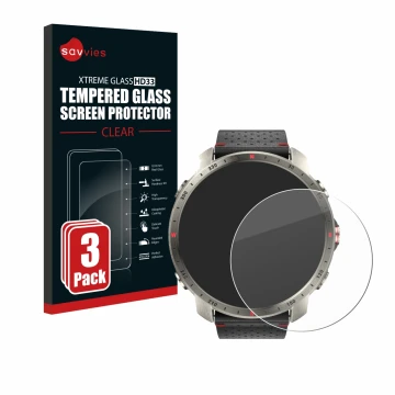 Vorderseite einer Produktverpackung mit dem Markenlogo Savvies. Daneben ist das Gerät Polar Grit X Pro Titan mit dem zugehörig