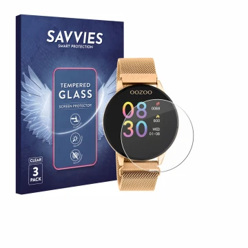 Vorderseite einer Produktverpackung mit dem Markenlogo Savvies. Daneben ist das Gerät Oozoo Q00117 mit dem zugehörigen Display