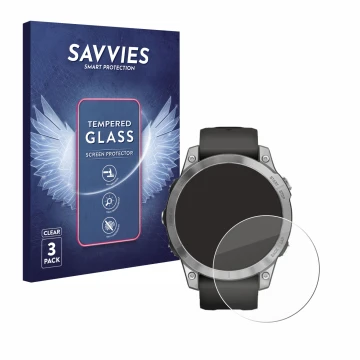 Vorderseite einer Produktverpackung mit dem Markenlogo Savvies. Daneben ist das Gerät Garmin Fenix 7 (47 mm) mit dem zugehörig