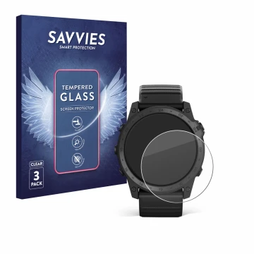 Vorderseite einer Produktverpackung mit dem Markenlogo Savvies. Daneben ist das Gerät Garmin Tactix 7 Pro mit dem zugehörigen 