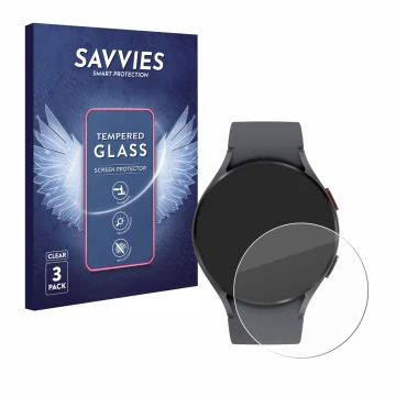 Vorderseite einer Produktverpackung mit dem Markenlogo Savvies. Daneben ist das Gerät Samsung Galaxy Watch 5 (44mm) mit dem zu