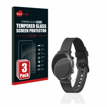 Vorderseite einer Produktverpackung mit dem Markenlogo Savvies. Daneben ist das Gerät Doro Watch mit dem zugehörigen Displaysc