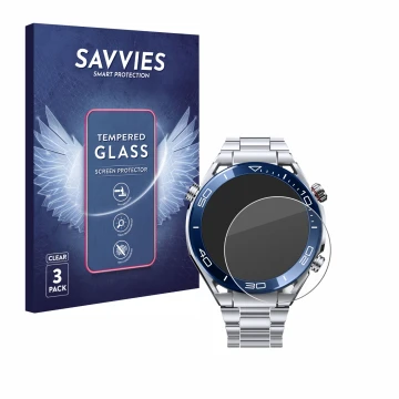 Vorderseite einer Produktverpackung mit dem Markenlogo Savvies. Daneben ist das Gerät Huawei Watch Ultimate (48.5 mm) mit dem 